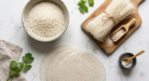 A flat-lay arrangement of dry medium-grain rice, rice noodles, and translucent rice wrappers on a clean kitchen counter.