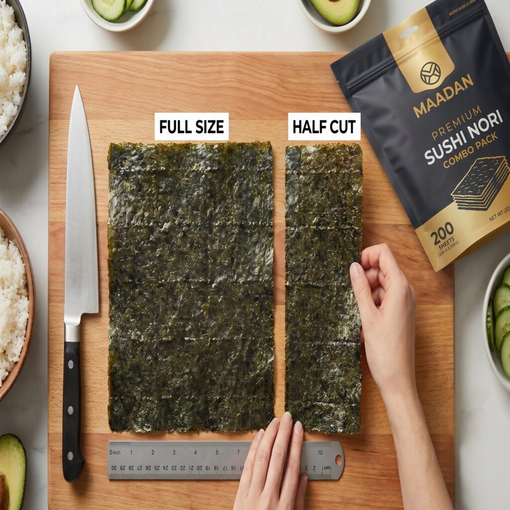 Half and Full Size Nori Sheets on a cutting board, a visual comparison of two types.