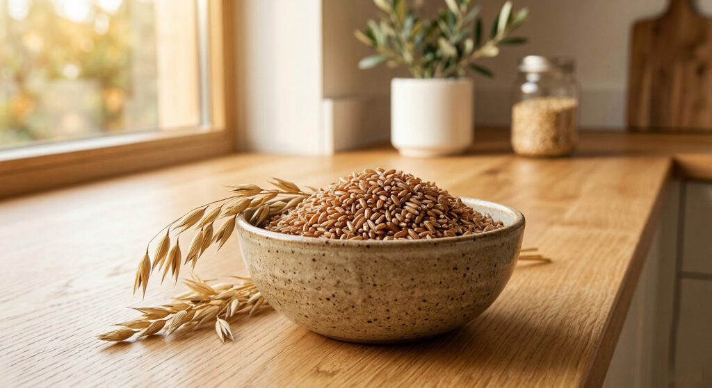 Raw California-grown whole grain brown rice in a ceramic bowl with natural grain stalks, emphasizing Maadan Nutra Grain nutrient-dense quality