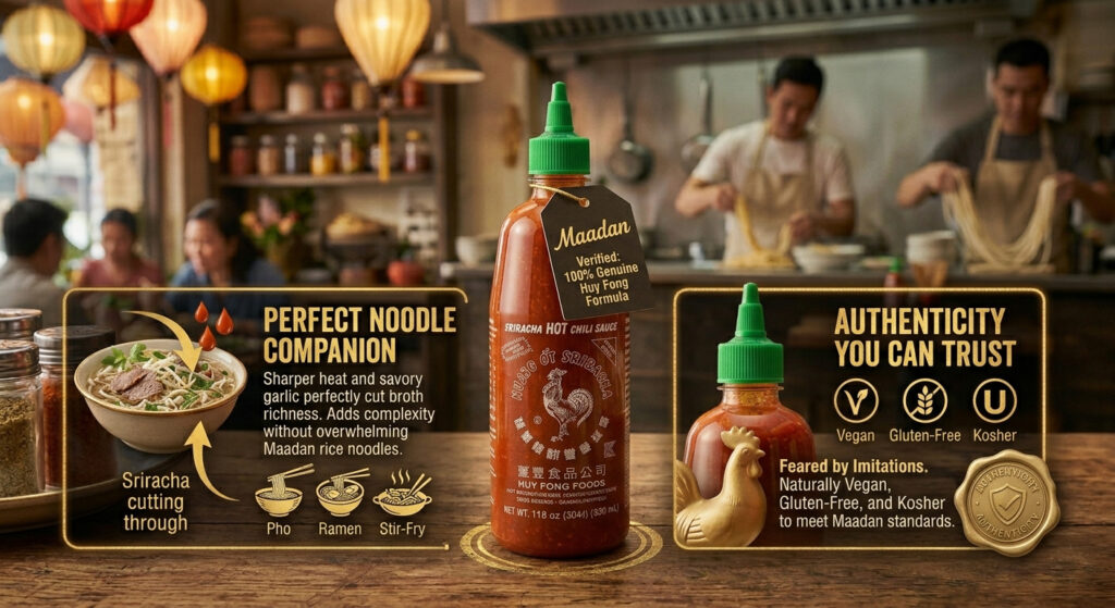 A curated selection of Maadan Authentic Condiments featuring the original Huy Fong Sriracha 28oz bottle in a professional kitchen setting