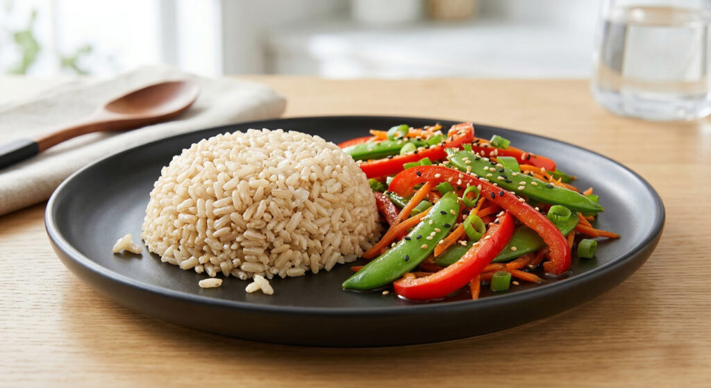Maadan Nutra Grain Brown Rice served on a minimalist black plate with colorful stir-fried vegetables, sesame seeds, and snap peas, highlighting a gluten-free and nutrient-dense meal