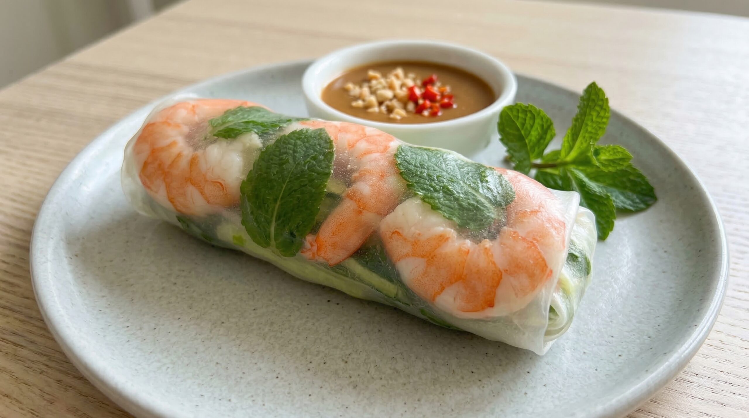 rice paper roll with shrimp and vegetables, a delicious looking dish