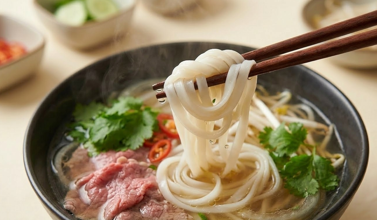 Rice noodle lifting from a bowl in a kitchen table, a high end looking table setting
