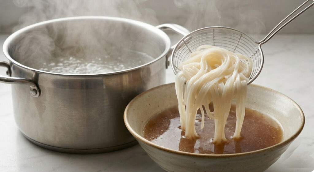Preparing Maadan rice noodles using the professional soak and flash method for perfect al dente Pho texture