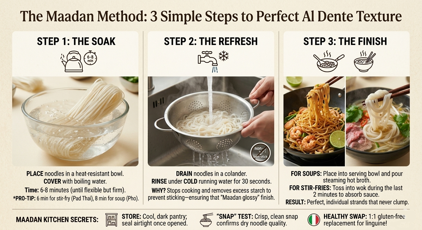 Maadan method of cooking rice noodles, 3 steps presented: soak, refresh with water, then mix with others.