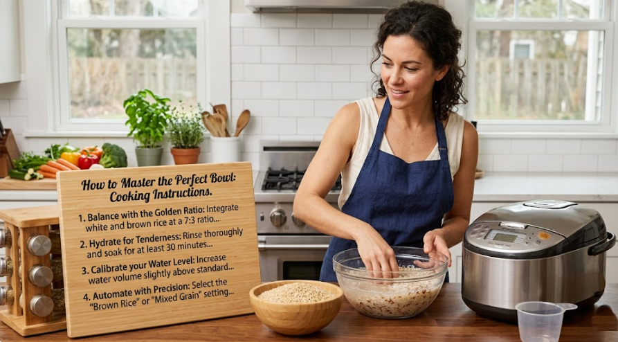 American home cook preparing Maadan Choice brown rice using the 7:3 golden ratio method in a modern kitchen.