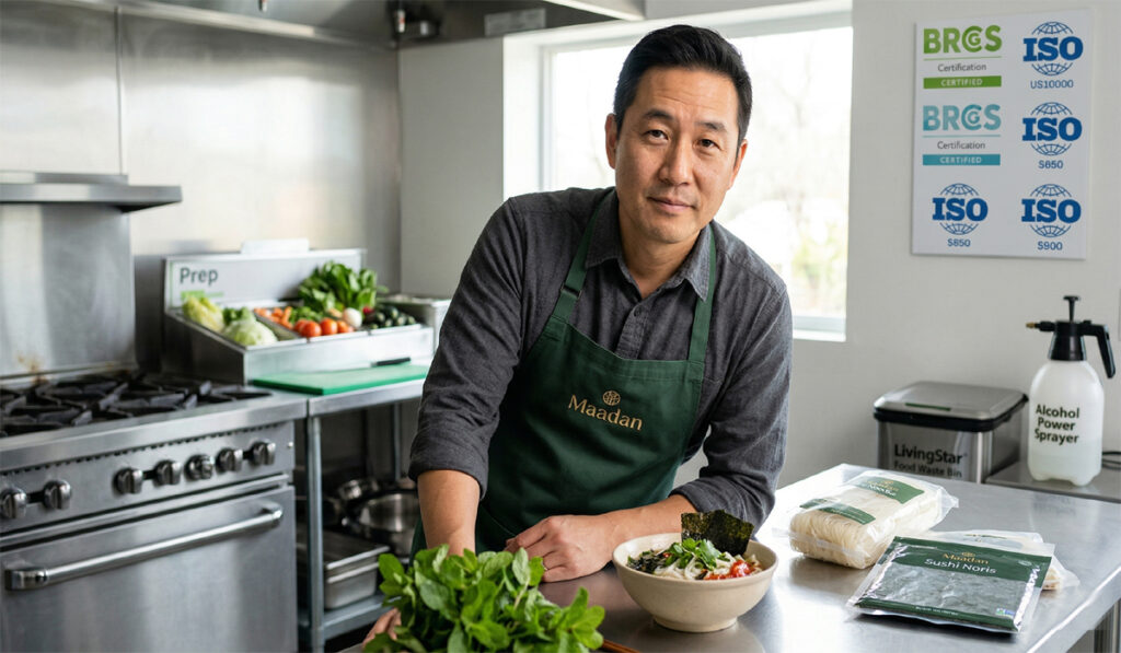 John Kim, Founder of Maadan, standing in a pristine, professional stainless steel kitchen. He wears a dark green apron with the Maadan gold crown logo, representing the 'Royal Standard' of gluten-free safety. In the background, BRCGS AA-Rating and ISO certifications are visible on the wall, symbolizing 15 years of expert product vetting and uncompromising food purity.