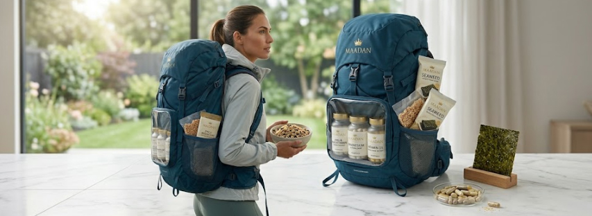 A wellness lifestyle photography shot featuring a Maadan traveler's backpack stocked with clean label roasted seaweed snacks and premium Zinc, Magnesium, and Vitamin D3 supplement bottles, emphasizing a high-performance life of freedom