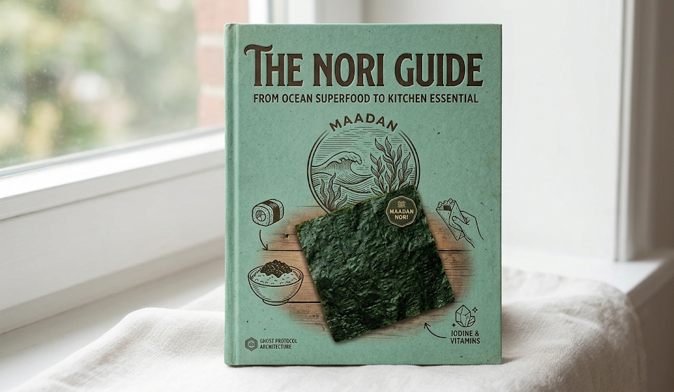An artisanal 'Maadan Nori Guide' book cover designed as a physical field guide, featuring a detailed dark green nori sheet and small illustrations of ocean waves and a sushi roll, to promote the logical blog post 'The Nori Guide: From Ocean Superfood to Kitchen Essential