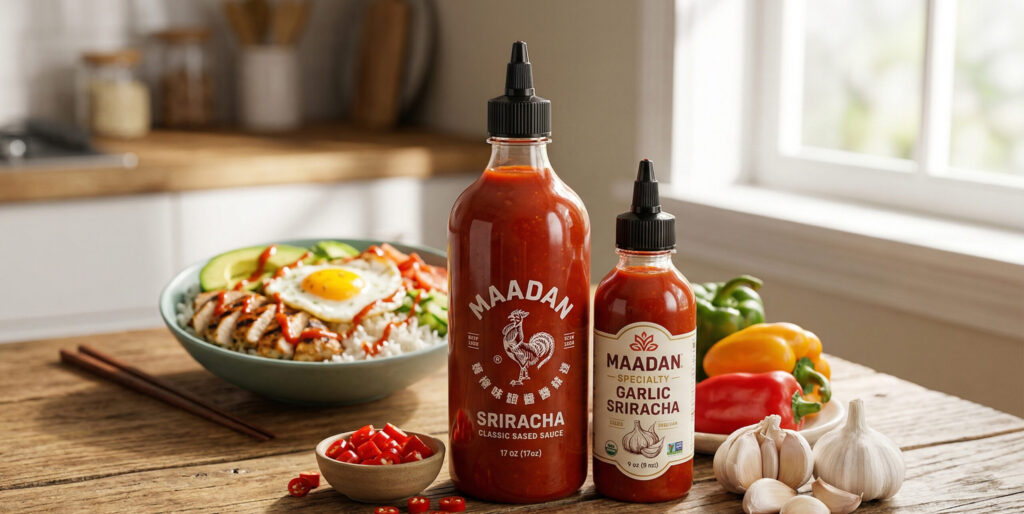 A premium kitchen lifestyle photograph featuring two distinct Maadan Sriracha bottles—the classic and Specialty Garlic Sriracha—set alongside fresh chilies and garlic on a rustic wooden table, with a softly blurred, delicious rice bowl in the background, promoting the Sriracha & Specialty Condiments physical category.