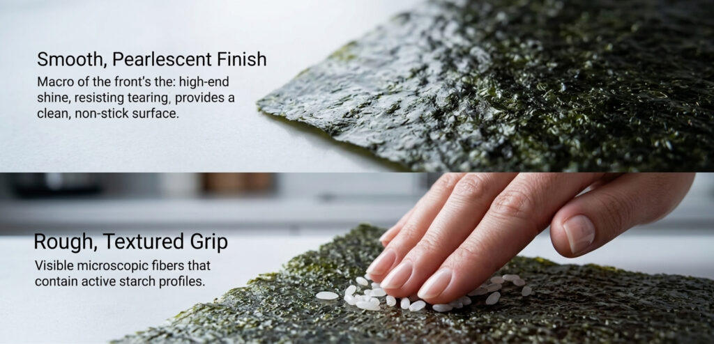 A microscopic split-screen view of a Maadan Gold Standard Nori sheet, illustrating the smooth, pearlescent exterior and the rough, textured reverse with active grip fibers holding Signature Rice grains, validating the 'Anatomy of the Snap' Masterclass.