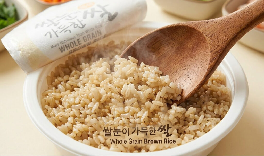 Ready-to-eat Han Kuk Mi Whole Grain Brown Rice in a white bowl with a wooden spoon. The product packaging is visible in the corner, highlighting the 90-second preparation time and gluten-free certification.
