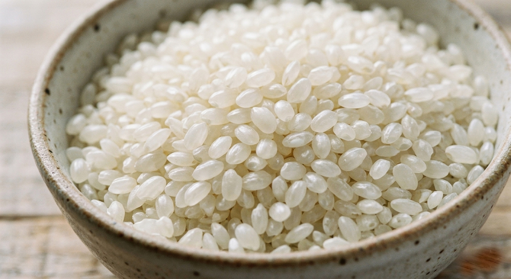 A close-up of high-quality medium-grain rice showing a pearlescent, glossy finish.