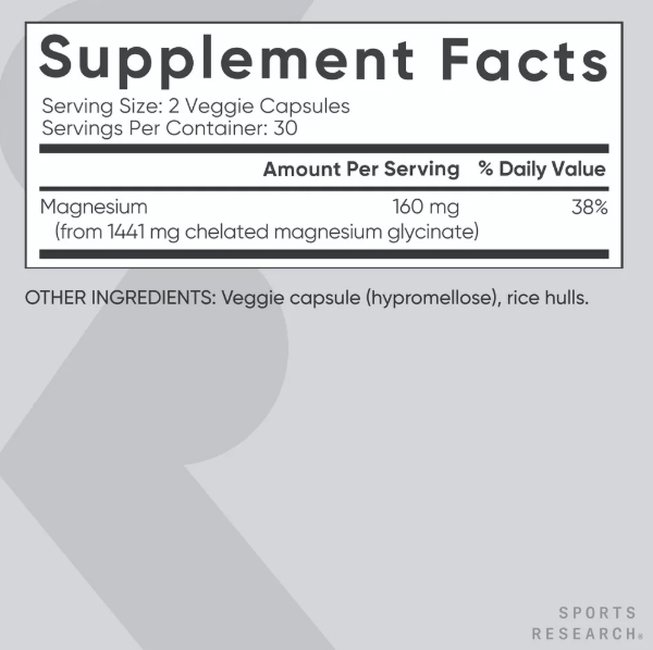 Supplement Fact of Magnesium Glycinate 160gmg - Sport Research