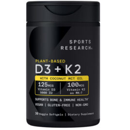 Sports Research Plant-Based Vitamin D3 5000 IU + K2 MK7 with Coconut MCT Oil, available in 30 count veggie softgels.
