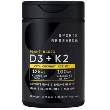 Sports Research Plant-Based Vitamin D3 5000 IU + K2 MK7 with Coconut MCT Oil, available in 30 count veggie softgels.