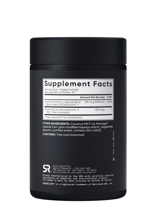 Sports Research Plant-Based Vitamin D3 5000 IU + K2 MK7 with Coconut MCT Oil, available in 30 count veggie softgels - Supplement Facts