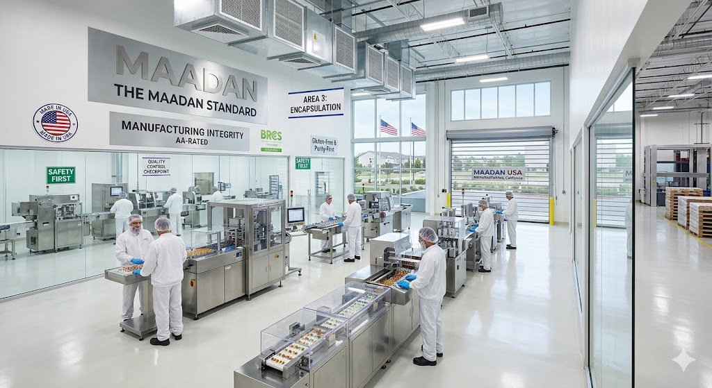 High-authority photograph of a pristine, modern Maadan USA vitamin manufacturing facility in California. The image shows a bright, clean-room environment with technicians in full white protective gear and hairnets operating advanced encapsulation machinery. Visible signage includes 'The Maadan Standard,' 'Manufacturing Integrity AA-Rated,' and 'Purity-First,' emphasizing a controlled, professional setting dedicated to high-quality supplement production.