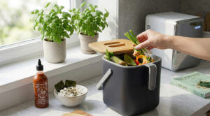 A high-resolution kitchen lifestyle photograph on a quartz counter, featuring the exact dark charcoal-grey Maadan 'Circular Kitchen' Compost Bin with its bamboo lid partially open, being used to collect vegetable scraps from a bowl of Signature Rice with Nori, illustrating the bio-tech odor-lock system in a sustainable home.