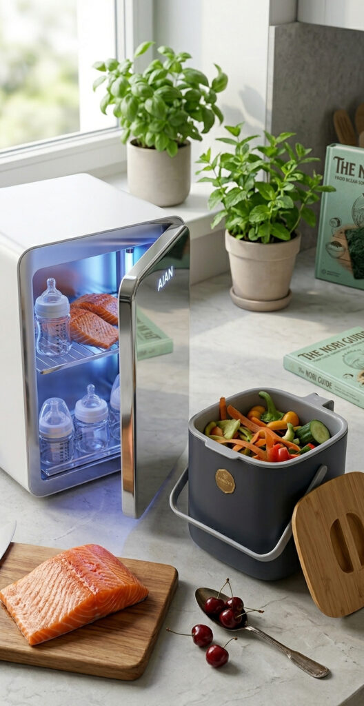 A high-end kitchen lifestyle photograph on a quartz counter, featuring the distinct white and polished chrome Maadan 'AIAN' UV-C Sterilizer actively sanitizing salmon on the left, and a matching odor-locked charcoal-grey Food Composting Bin with bamboo details on the right, illustrative of 'Hardware for the Eco-Conscious Pantry' and the integrated 'Clean Kitchen Ecosystem' blog post