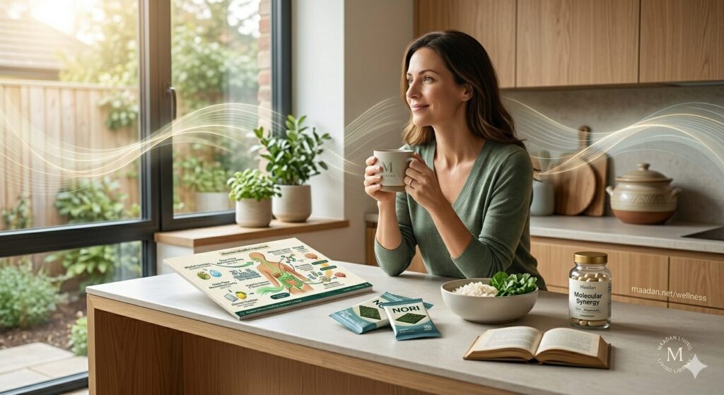 A woman in a kitchen with rice bowl, nori sheets, and having a cup of coffee peacefully.