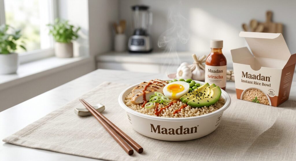 A premium lifestyle photograph featuring a prepared, whole-grain Maadan Instant Brown Rice Bowl with grilled chicken, avocado, a soft-boiled egg, and a drizzle of Maadan Sriracha on a rustic wooden table, promoting the Instant Bowl Innovation logical blog post.