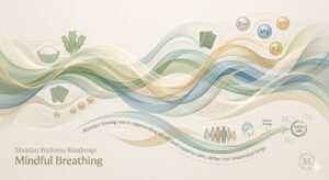 An abstract illustration from the Maadan Wellness Roadmap depicting flowing waves to represent mindful breathing and systemic calm, integrating symbols for clean-label nutrition and essential minerals like Zinc and Magnesium for daily foundational balance.