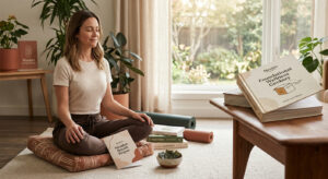 A serene lifestyle image of a woman practicing mindful breathing at home, surrounded by Maadan wellness literature and clean-label nori snacks, representing the Maadan commitment to systemic calm and foundational daily balance.
