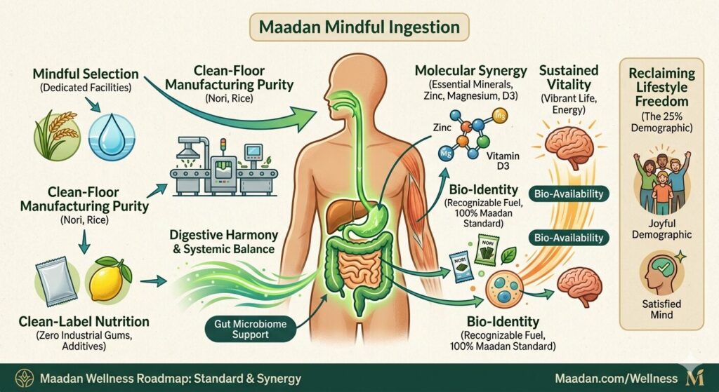 An illustrative educational infographic by Maadan replacing a traditional human digestive system diagram, showcasing how clean-label ingredients, manufacturing purity, and molecular synergy with minerals support natural digestive harmony and systemic balance for wellness.