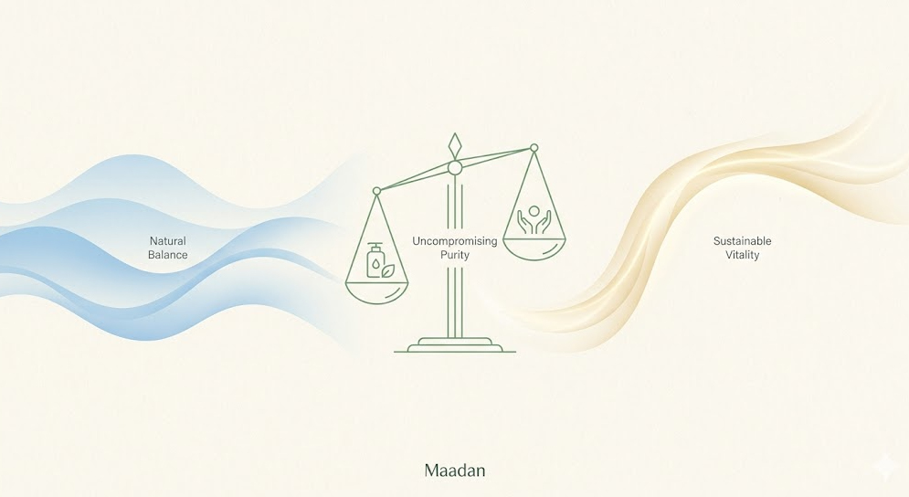 A clean, minimalist graphic by Maadan featuring abstract flowing waves and a balanced scale to represent natural harmony, uncompromising purity, and sustainable systemic vitality.