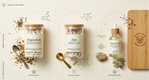 A premium ingredient flat-lay showcasing the 'Maadan Triple Shield'—pure Sports Research magnesium glycinate capsules, Nu-Health zinc, and plant-based lichen-derived vitamin D3, emphasizing molecular synergy and clean-label quality
