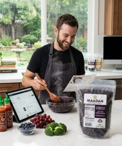 Maadan Premium Black Rice lifestyle cooking with magic purple steam.
