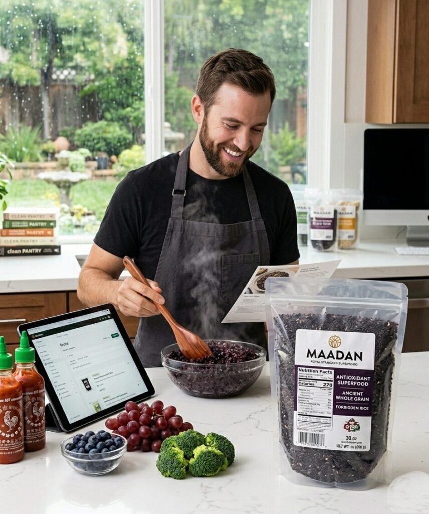 Maadan Premium Black Rice lifestyle cooking with magic purple steam.