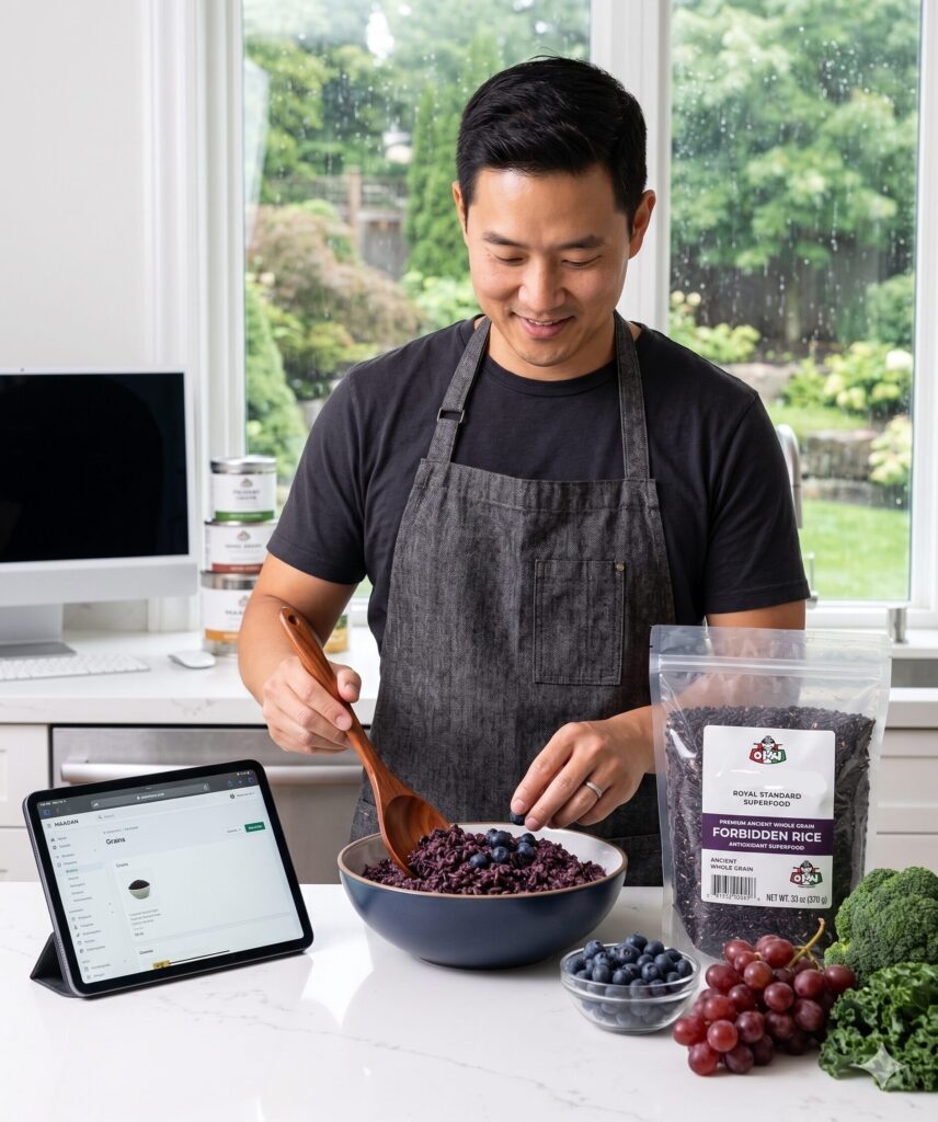 Royal Standard Superfood", the black rice concept to life. In a modern kitchen