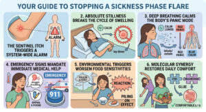 Infographic titled Your Guide to Stopping a Sickness Phase Flare. Six panels illustrate the Maadan Standard recovery steps: The Sentinel Itch triggering an alarm, Absolute Stillness breaking the swelling cycle, Deep Breathing calming the nervous system, Emergency Signs mandating 911 or EpiPen use, Environmental Stressors compounding food sensitivities, and Molecular Synergy with Zinc and Magnesium restoring systemic balance and daily comfort.
