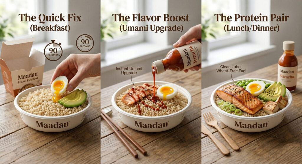 A three-stage visual transformation showing a Maadan Instant Brown Rice Bowl becoming a nutritous breakfast with egg/avocado, an umami-boosted snack with Sriracha, and a complete chef-quality meal with seared salmon/tofu, promoting the '90 Seconds to Gourmet' blog post.