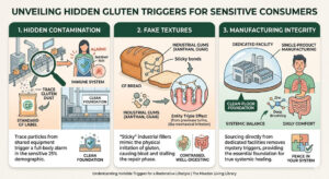 Educational infographic titled Unveiling Hidden Gluten Triggers for Sensitive Consumers. Three panels illustrate: 1. How trace gluten dust from shared equipment bypasses standard GF labels to trigger a Sentinel Itch alarm. 2. How sticky industrial gums in bread mimic gluten's mechanical irritation and stall the repair phase. 3. How manufacturing integrity in dedicated facilities provides a Clean-Floor Foundation for systemic balance and daily comfort.