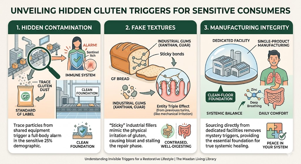 Educational infographic titled Unveiling Hidden Gluten Triggers for Sensitive Consumers. Three panels illustrate: 1. How trace gluten dust from shared equipment bypasses standard GF labels to trigger a Sentinel Itch alarm. 2. How sticky industrial gums in bread mimic gluten's mechanical irritation and stall the repair phase. 3. How manufacturing integrity in dedicated facilities provides a Clean-Floor Foundation for systemic balance and daily comfort.