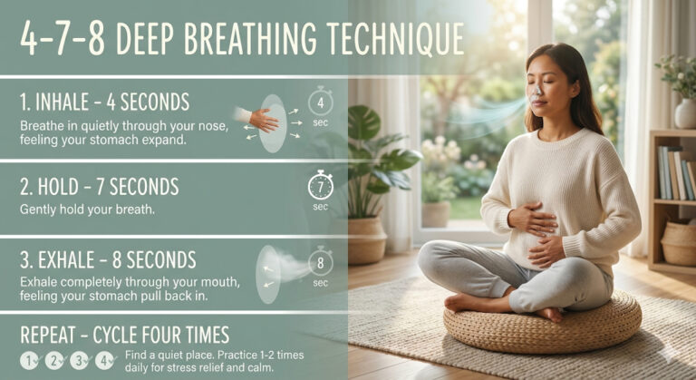 A visual infographic guide demonstrating the 4-7-8 deep breathing technique, featuring a person practicing mindful breathing alongside four clear steps: inhale through the nose for 4 seconds, hold the breath for 7 seconds, exhale through the mouth for 8 seconds, and repeat the cycle four times for stress relief and calm.