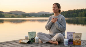 A woman practicing deep diaphragmatic breathing on a serene lake dock at sunset, surrounded by Maadan Triple Shield supplements and clean-label snacks, representing the final stage of systemic recovery.