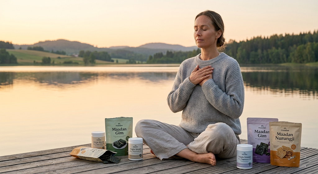 A woman practicing deep diaphragmatic breathing on a serene lake dock at sunset, surrounded by Maadan Triple Shield supplements and clean-label snacks, representing the final stage of systemic recovery.