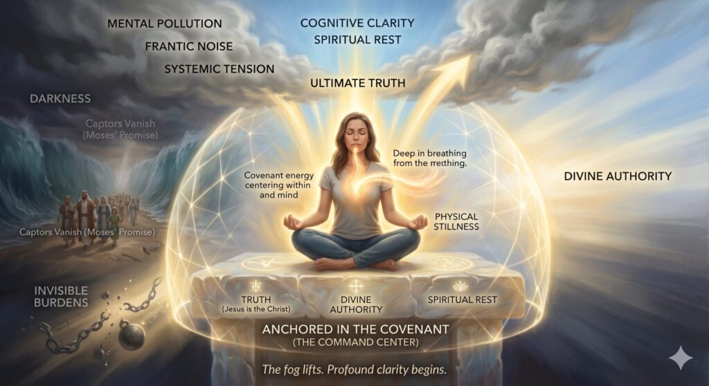 An illustration depicting a person anchored in spiritual rest, seated within a glowing, protective sphere of divine authority. On the left, heavy storm clouds and broken chains symbolize mental pollution and invisible burdens vanishing—referencing Moses' promise—while bright, radiant light breaks through from above, representing the return of profound cognitive clarity and ultimate truth.