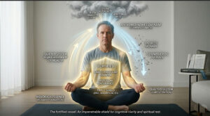 An illustration of a man sitting in a calm, grounded posture inside a bright room, representing a fortified physical vessel. A glowing shield over his torso highlights his cardiovascular stamina and muscular endurance, fueled by the Triple Shield nutrients. This physical resilience creates "biological silence," actively deflecting heavy distress signals and cognitive fog downward. Because the body is quietly sustaining itself, the mind—labeled as the Command Center—remains perfectly clear, shielded from the dark storm clouds above and open to divine authority and spiritual rest.