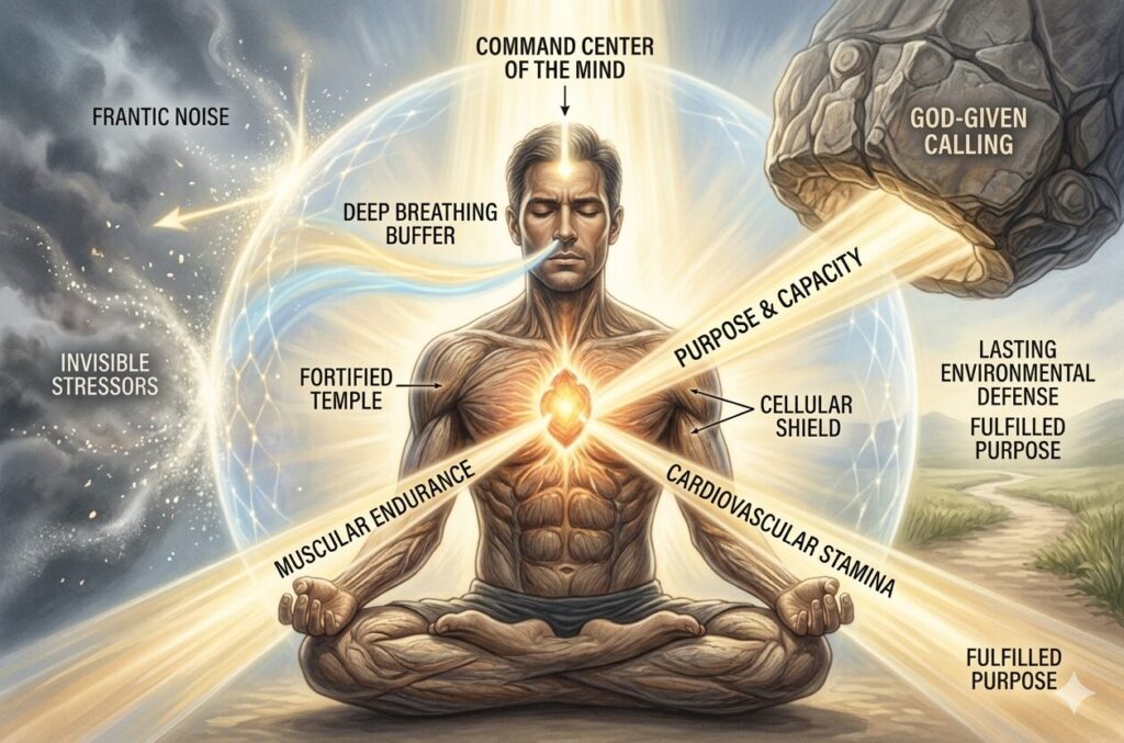 An illustration of a grounded, meditative man representing a fortified physical temple. His mind is illuminated as the Command Center, protected by a glowing sphere representing the Deep Breathing Buffer, which deflects frantic noise and invisible stressors. From his core, powerful beams of light—labeled as muscular endurance, cardiovascular stamina, and cellular shields—project outward to support and carry a massive, heavy stone labeled "God-Given Calling." This visualizes how intentional physical stewardship builds the necessary capacity to fulfill a heavy purpose without collapsing.