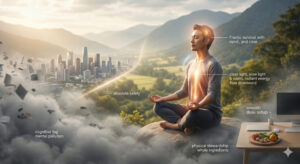 A man practicing spiritual rest and deep breathing in a peaceful mountain landscape, safely separated from the mental pollution of a frantic city. Heavy cognitive fog dissolves around him as a warm, radiant light flows downward, symbolizing the return of true mental clarity and physical vitality.