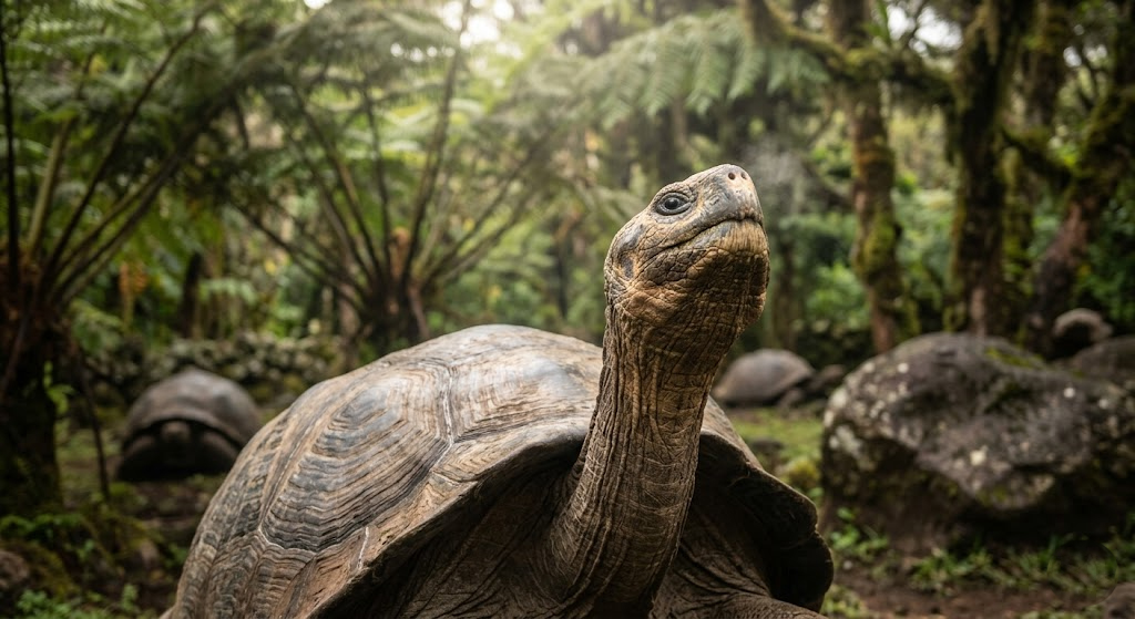 A close-up photograph of an ancient Galapagos giant tortoise with weathered skin and a mossy shell, raising its head to take a deep, long breath within a lush, sun-dappled jungle. A subtle wisp of vapor is visible at its nostrils, conveying the slow-motion action. The background is a dense bokeh of ferns and volcanic rock.