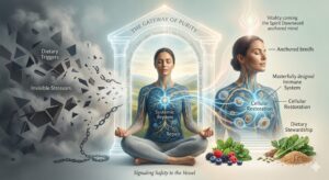 An illustration of a meditating figure passing through a glowing archway representing the Gateway of Purity. On the left, dark, shattered fragments and broken chains symbolize the removal of hidden dietary triggers and invisible stressors. On the right, the figure's internal immune network glows with cellular restoration, surrounded by clean-label whole foods, signaling to the physical vessel that it is safe to begin systemic repair.
