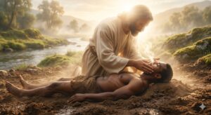 An ethereal, sunlit artistic depiction of Genesis 2:7, showing a divine figure leaning over a man newly formed from the earth's dust. A glowing, mystical vapor representing the breath of life and the Holy Spirit flows from the creator into the man's nostrils, awakening him as a living being in a serene, ancient landscape along a riverbank.