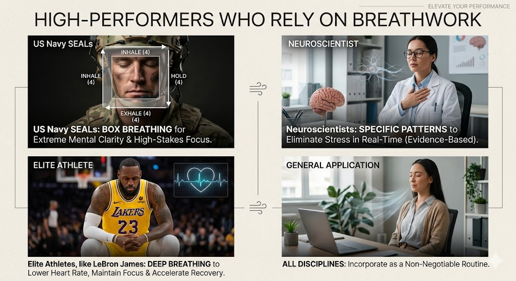 A composite image titled 'HIGH-PERFORMERS WHO RELY ON BREATHWORK', divided into four sections with illustrative text and graphics. Top-left: A US Navy SEAL practicing 'BOX BREATHING' for clarity. Top-right: A neuroscientist demonstrating breathing for stress relief. Bottom-left: LeBron James on a basketball court, deep breathing for focus and recovery. Bottom-right: A person at a desk applying breathing in daily life. A guide to elite applications of breathwork.