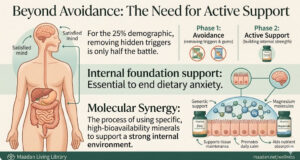 An educational infographic illustrating the Maadan active support protocol, showing how high-bioavailability zinc and magnesium provide foundational support for a balanced internal environment